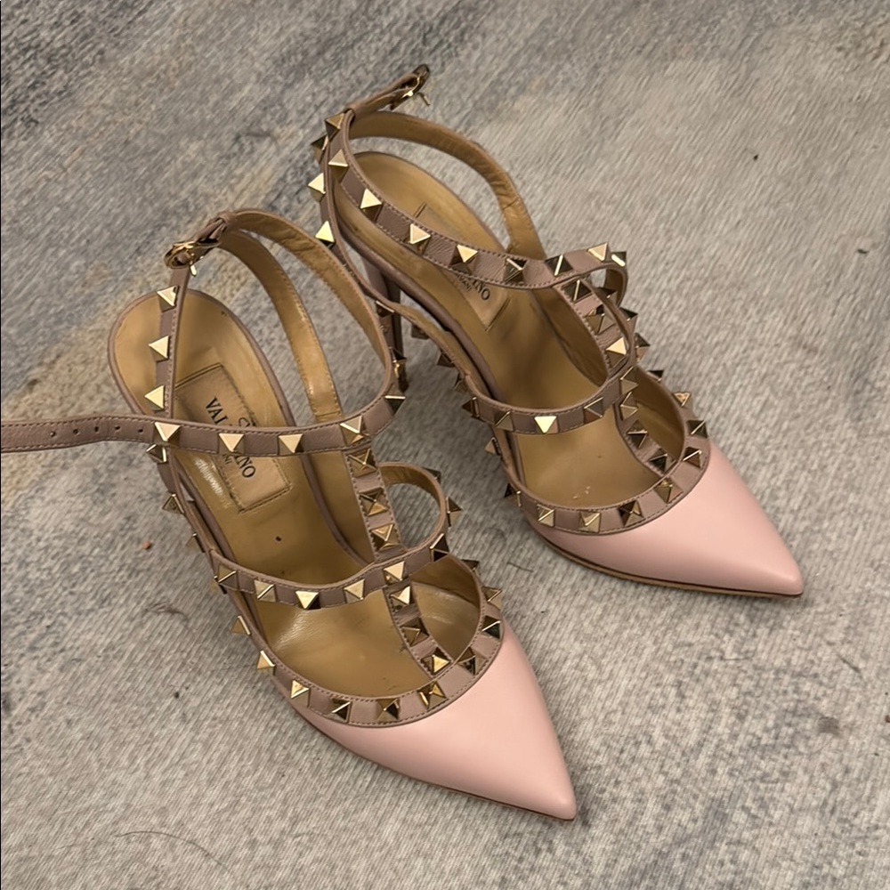 Valentino Pink Rockstud Heels with T-Strap Design